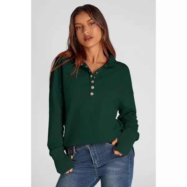 PRETTYGARDEN Womens Fall Fashion Button Up Sweatshirt Long Sleeve V Neck Loose Fit Casual Trendy Going Out Pullover TopsDark Green