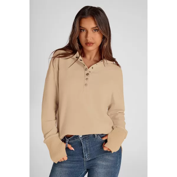 PRETTYGARDEN Womens Fall Fashion Button Up Sweatshirt Long Sleeve V Neck Loose Fit Casual Trendy Going Out Pullover TopsKhaki