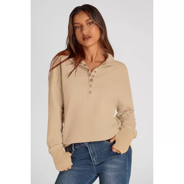 PRETTYGARDEN Womens Fall Fashion Button Up Sweatshirt Long Sleeve V Neck Loose Fit Casual Trendy Going Out Pullover TopsKhaki