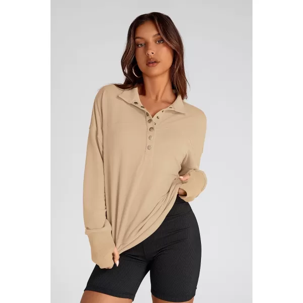 PRETTYGARDEN Womens Fall Fashion Button Up Sweatshirt Long Sleeve V Neck Loose Fit Casual Trendy Going Out Pullover TopsKhaki