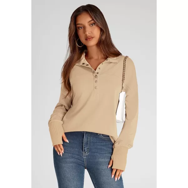 PRETTYGARDEN Womens Fall Fashion Button Up Sweatshirt Long Sleeve V Neck Loose Fit Casual Trendy Going Out Pullover TopsKhaki