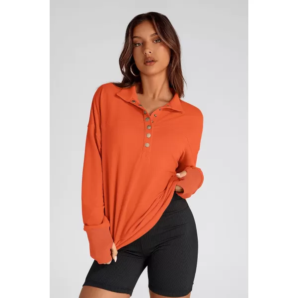 PRETTYGARDEN Womens Fall Fashion Button Up Sweatshirt Long Sleeve V Neck Loose Fit Casual Trendy Going Out Pullover TopsOrange