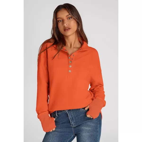 PRETTYGARDEN Womens Fall Fashion Button Up Sweatshirt Long Sleeve V Neck Loose Fit Casual Trendy Going Out Pullover TopsOrange