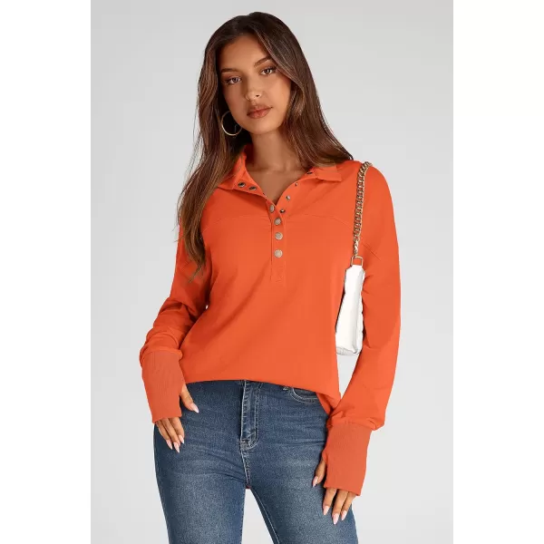 PRETTYGARDEN Womens Fall Fashion Button Up Sweatshirt Long Sleeve V Neck Loose Fit Casual Trendy Going Out Pullover TopsOrange