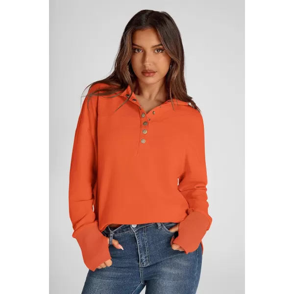PRETTYGARDEN Womens Fall Fashion Button Up Sweatshirt Long Sleeve V Neck Loose Fit Casual Trendy Going Out Pullover TopsOrange