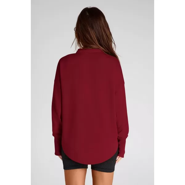 PRETTYGARDEN Womens Fall Fashion Button Up Sweatshirt Long Sleeve V Neck Loose Fit Casual Trendy Going Out Pullover TopsWine Red