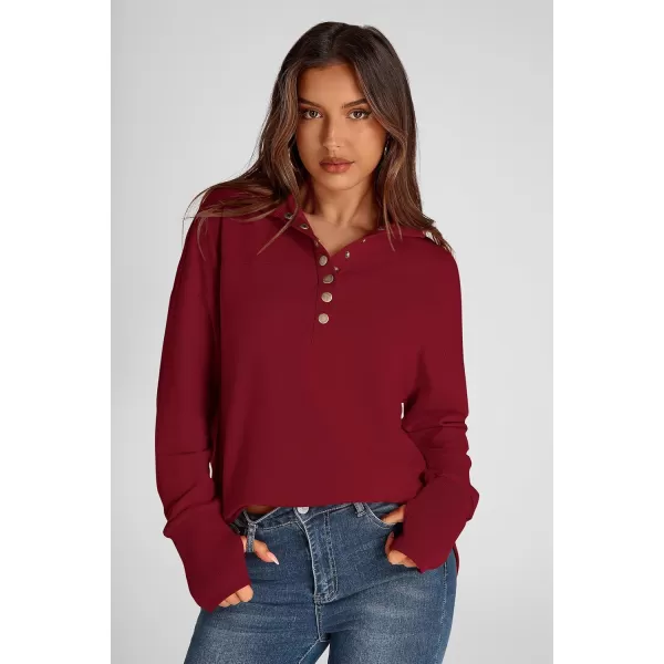 PRETTYGARDEN Womens Fall Fashion Button Up Sweatshirt Long Sleeve V Neck Loose Fit Casual Trendy Going Out Pullover TopsWine Red