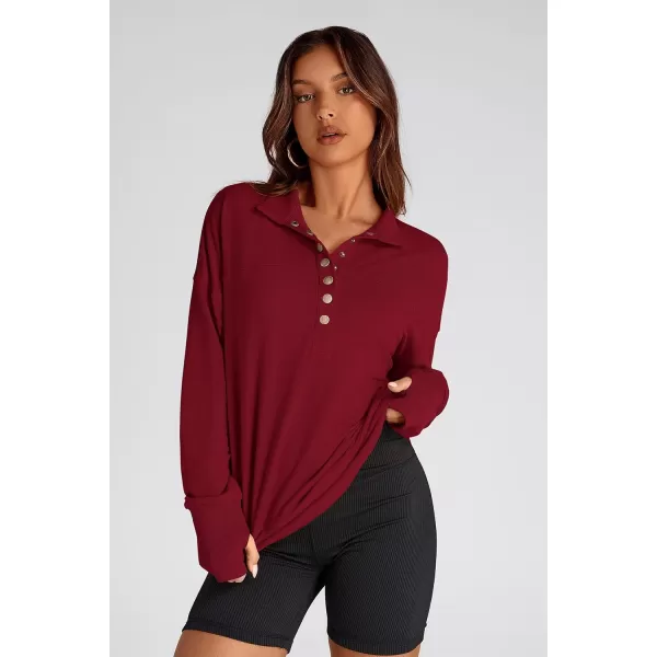 PRETTYGARDEN Womens Fall Fashion Button Up Sweatshirt Long Sleeve V Neck Loose Fit Casual Trendy Going Out Pullover TopsWine Red