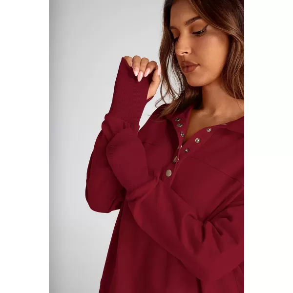 PRETTYGARDEN Womens Fall Fashion Button Up Sweatshirt Long Sleeve V Neck Loose Fit Casual Trendy Going Out Pullover TopsWine Red