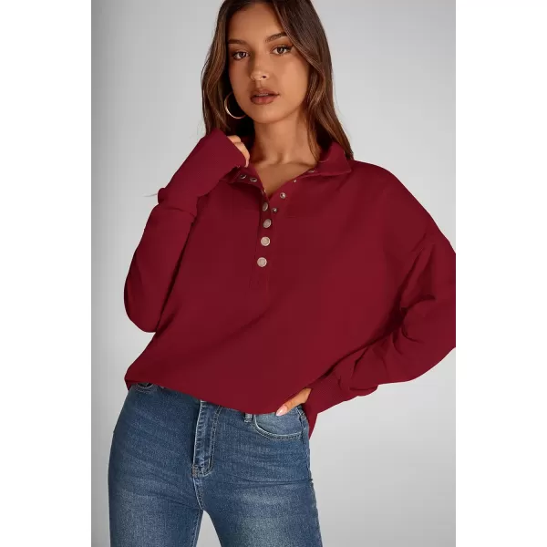 PRETTYGARDEN Womens Fall Fashion Button Up Sweatshirt Long Sleeve V Neck Loose Fit Casual Trendy Going Out Pullover TopsWine Red