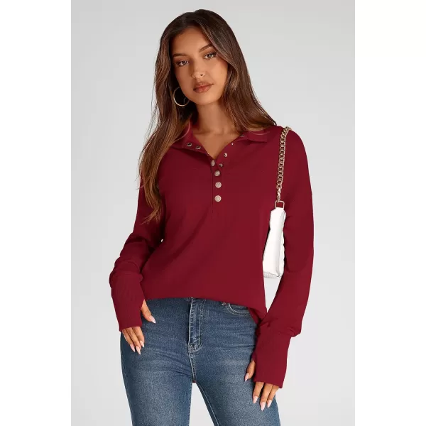 PRETTYGARDEN Womens Fall Fashion Button Up Sweatshirt Long Sleeve V Neck Loose Fit Casual Trendy Going Out Pullover TopsWine Red