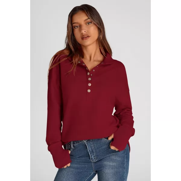 PRETTYGARDEN Womens Fall Fashion Button Up Sweatshirt Long Sleeve V Neck Loose Fit Casual Trendy Going Out Pullover TopsWine Red
