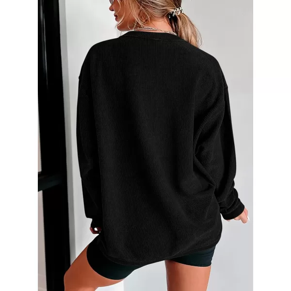PRETTYGARDEN Womens Fall Oversized Sweatshirt Ribbed Corduroy Crewneck Long Sleeve Loose Fit Casual Going Out Pullover TopsBlack