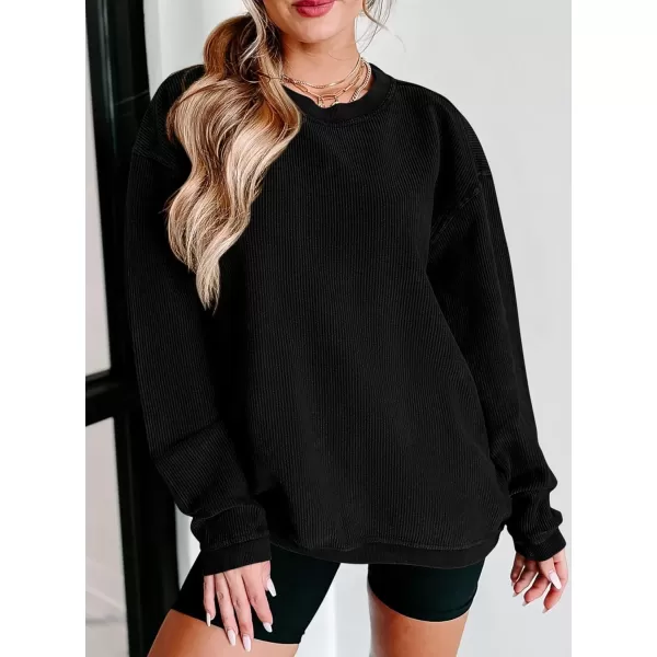 PRETTYGARDEN Womens Fall Oversized Sweatshirt Ribbed Corduroy Crewneck Long Sleeve Loose Fit Casual Going Out Pullover TopsBlack