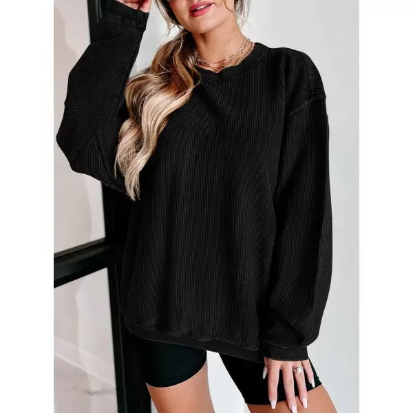 PRETTYGARDEN Womens Fall Oversized Sweatshirt Ribbed Corduroy Crewneck Long Sleeve Loose Fit Casual Going Out Pullover TopsBlack