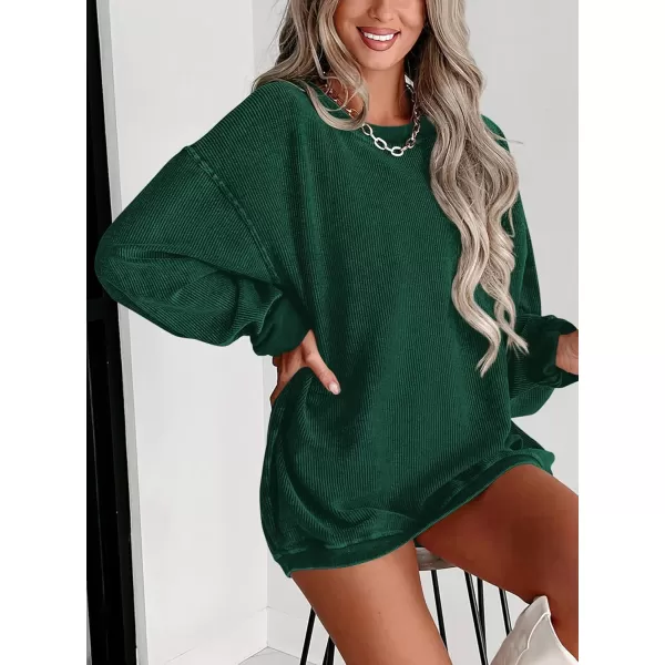 PRETTYGARDEN Womens Fall Oversized Sweatshirt Ribbed Corduroy Crewneck Long Sleeve Loose Fit Casual Going Out Pullover TopsDark Green