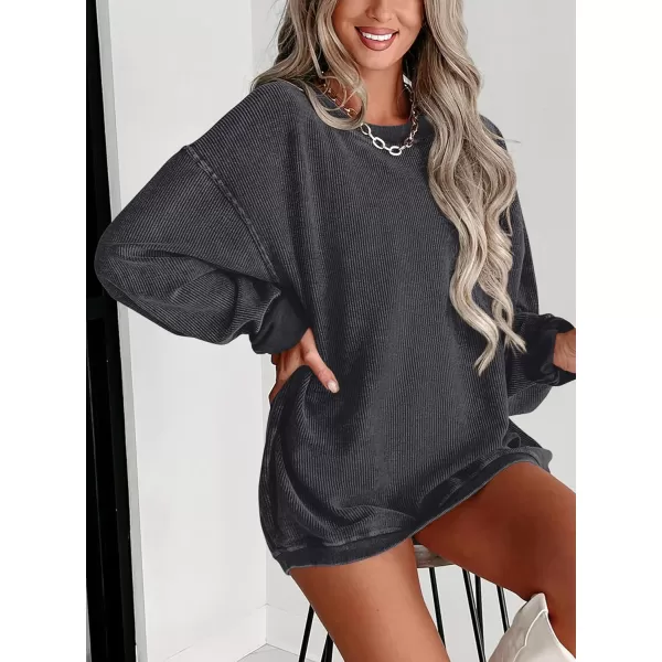 PRETTYGARDEN Womens Fall Oversized Sweatshirt Ribbed Corduroy Crewneck Long Sleeve Loose Fit Casual Going Out Pullover TopsDark Grey