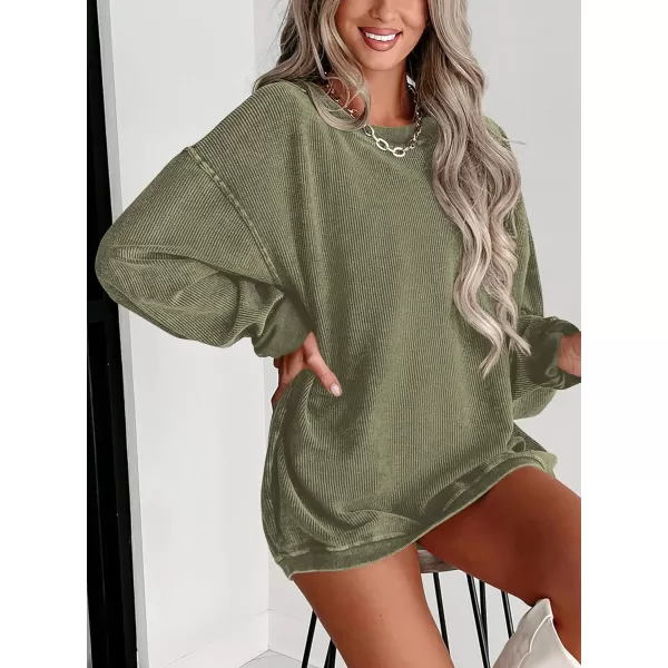 PRETTYGARDEN Womens Fall Oversized Sweatshirt Ribbed Corduroy Crewneck Long Sleeve Loose Fit Casual Going Out Pullover TopsGreen