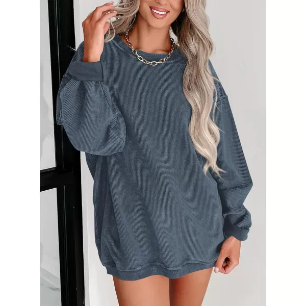 PRETTYGARDEN Womens Fall Oversized Sweatshirt Ribbed Corduroy Crewneck Long Sleeve Loose Fit Casual Going Out Pullover TopsGrey Blue