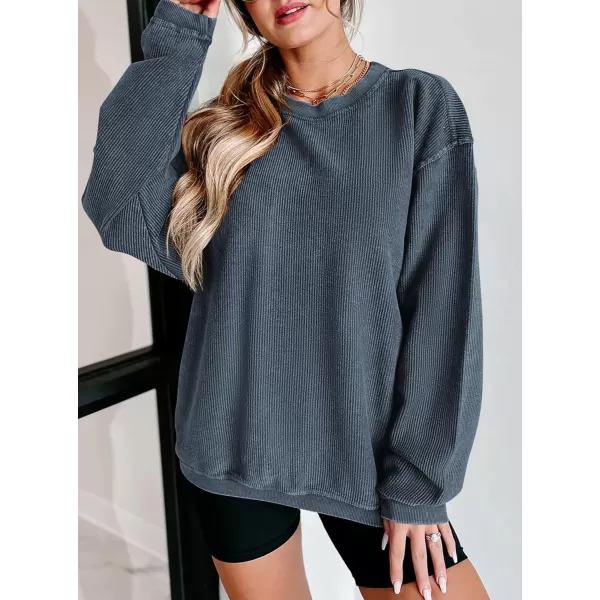 PRETTYGARDEN Womens Fall Oversized Sweatshirt Ribbed Corduroy Crewneck Long Sleeve Loose Fit Casual Going Out Pullover TopsGrey Blue