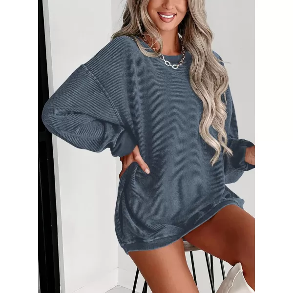PRETTYGARDEN Womens Fall Oversized Sweatshirt Ribbed Corduroy Crewneck Long Sleeve Loose Fit Casual Going Out Pullover TopsGrey Blue