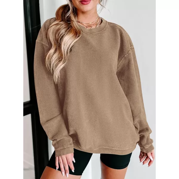 PRETTYGARDEN Womens Fall Oversized Sweatshirt Ribbed Corduroy Crewneck Long Sleeve Loose Fit Casual Going Out Pullover TopsKhaki