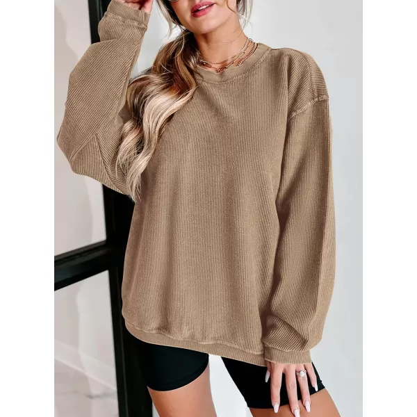 PRETTYGARDEN Womens Fall Oversized Sweatshirt Ribbed Corduroy Crewneck Long Sleeve Loose Fit Casual Going Out Pullover TopsKhaki