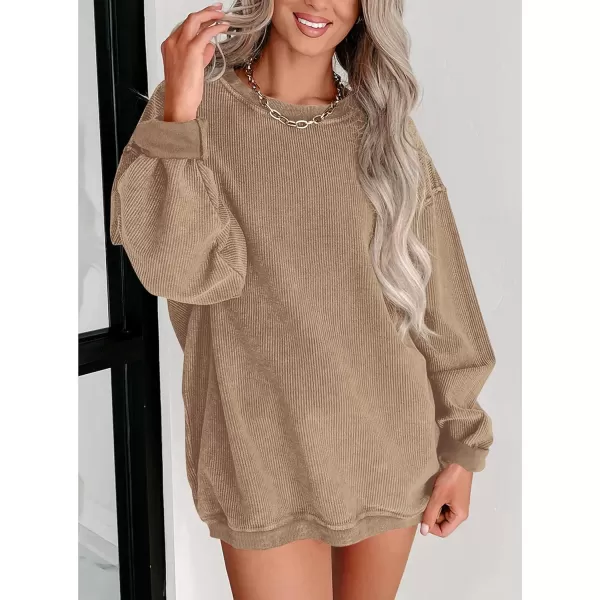 PRETTYGARDEN Womens Fall Oversized Sweatshirt Ribbed Corduroy Crewneck Long Sleeve Loose Fit Casual Going Out Pullover TopsKhaki