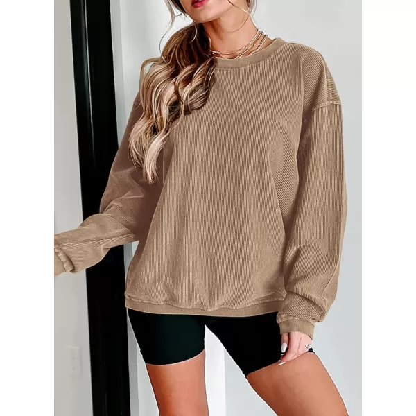 PRETTYGARDEN Womens Fall Oversized Sweatshirt Ribbed Corduroy Crewneck Long Sleeve Loose Fit Casual Going Out Pullover TopsKhaki