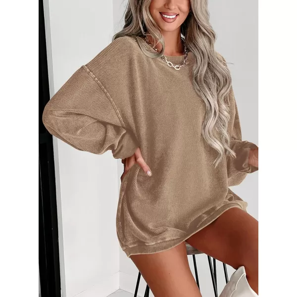 PRETTYGARDEN Womens Fall Oversized Sweatshirt Ribbed Corduroy Crewneck Long Sleeve Loose Fit Casual Going Out Pullover TopsKhaki
