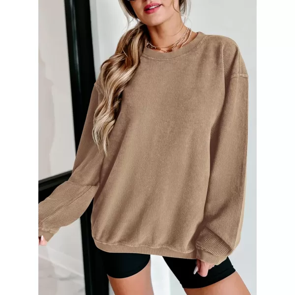 PRETTYGARDEN Womens Fall Oversized Sweatshirt Ribbed Corduroy Crewneck Long Sleeve Loose Fit Casual Going Out Pullover TopsKhaki