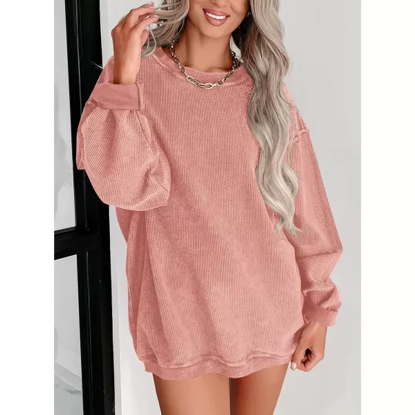 PRETTYGARDEN Womens Fall Oversized Sweatshirt Ribbed Corduroy Crewneck Long Sleeve Loose Fit Casual Going Out Pullover TopsPink