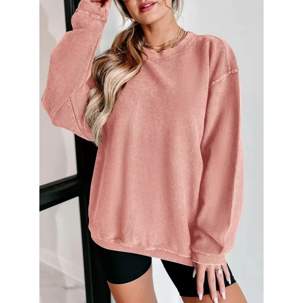 PRETTYGARDEN Womens Fall Oversized Sweatshirt Ribbed Corduroy Crewneck Long Sleeve Loose Fit Casual Going Out Pullover TopsPink