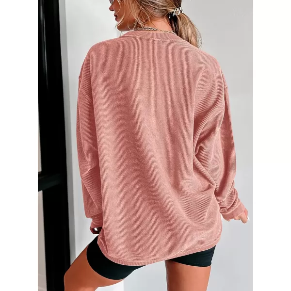 PRETTYGARDEN Womens Fall Oversized Sweatshirt Ribbed Corduroy Crewneck Long Sleeve Loose Fit Casual Going Out Pullover TopsPink