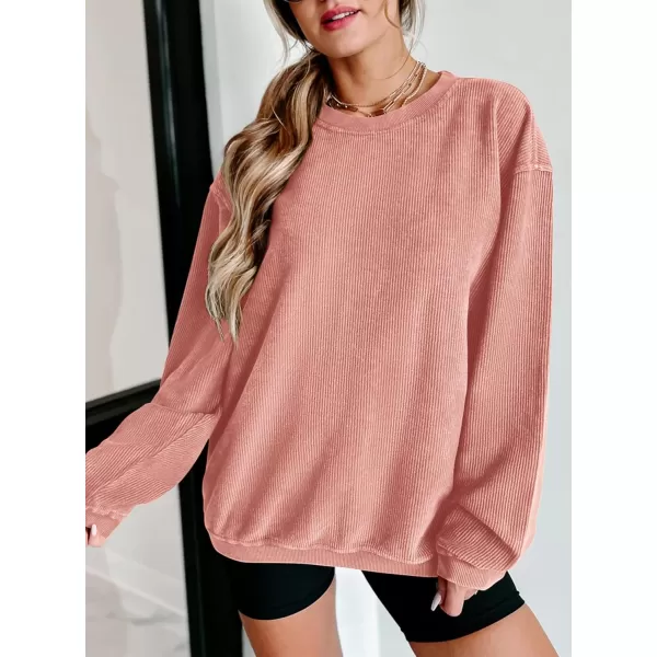 PRETTYGARDEN Womens Fall Oversized Sweatshirt Ribbed Corduroy Crewneck Long Sleeve Loose Fit Casual Going Out Pullover TopsPink