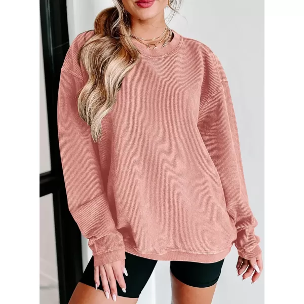 PRETTYGARDEN Womens Fall Oversized Sweatshirt Ribbed Corduroy Crewneck Long Sleeve Loose Fit Casual Going Out Pullover TopsPink