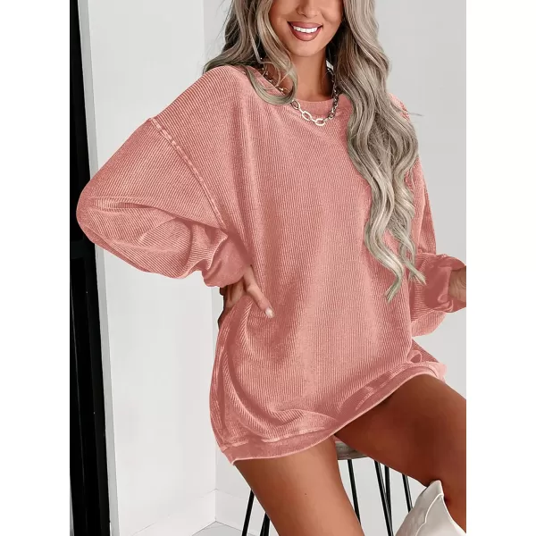 PRETTYGARDEN Womens Fall Oversized Sweatshirt Ribbed Corduroy Crewneck Long Sleeve Loose Fit Casual Going Out Pullover TopsPink