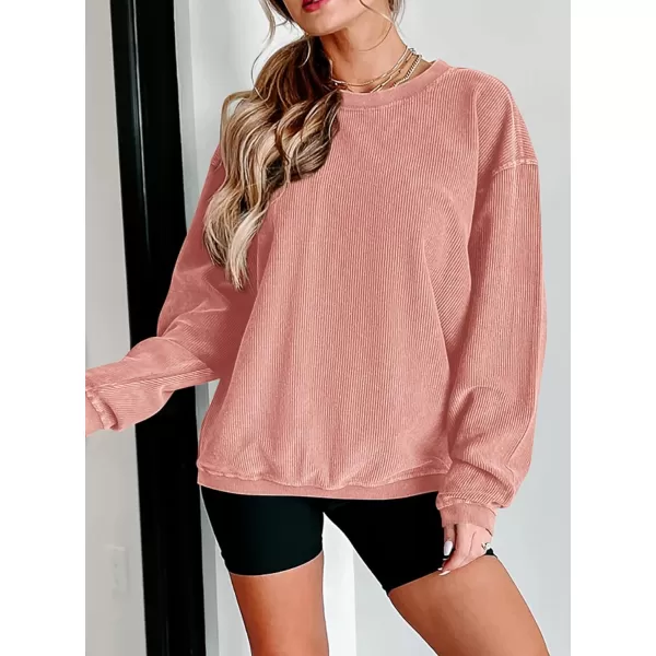 PRETTYGARDEN Womens Fall Oversized Sweatshirt Ribbed Corduroy Crewneck Long Sleeve Loose Fit Casual Going Out Pullover TopsPink