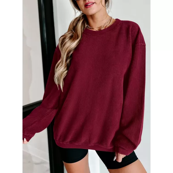 PRETTYGARDEN Womens Fall Oversized Sweatshirt Ribbed Corduroy Crewneck Long Sleeve Loose Fit Casual Going Out Pullover TopsWine Red