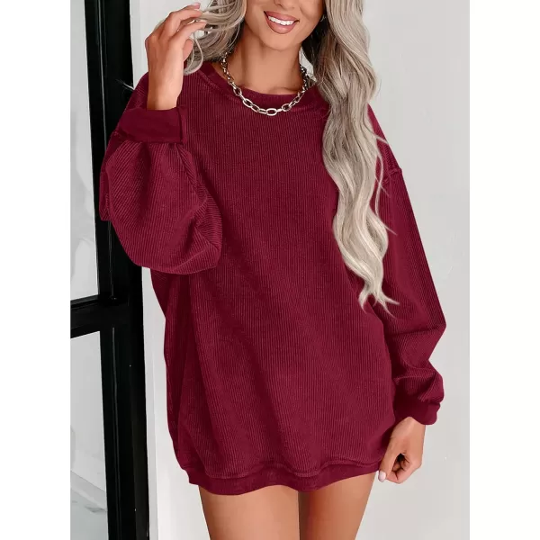 PRETTYGARDEN Womens Fall Oversized Sweatshirt Ribbed Corduroy Crewneck Long Sleeve Loose Fit Casual Going Out Pullover TopsWine Red