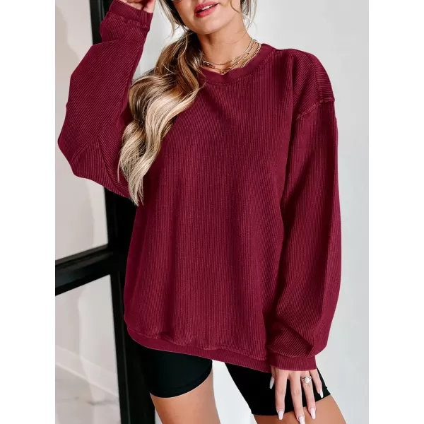 PRETTYGARDEN Womens Fall Oversized Sweatshirt Ribbed Corduroy Crewneck Long Sleeve Loose Fit Casual Going Out Pullover TopsWine Red