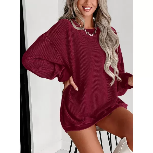 PRETTYGARDEN Womens Fall Oversized Sweatshirt Ribbed Corduroy Crewneck Long Sleeve Loose Fit Casual Going Out Pullover TopsWine Red
