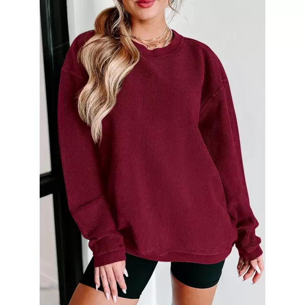 PRETTYGARDEN Womens Fall Oversized Sweatshirt Ribbed Corduroy Crewneck Long Sleeve Loose Fit Casual Going Out Pullover TopsWine Red