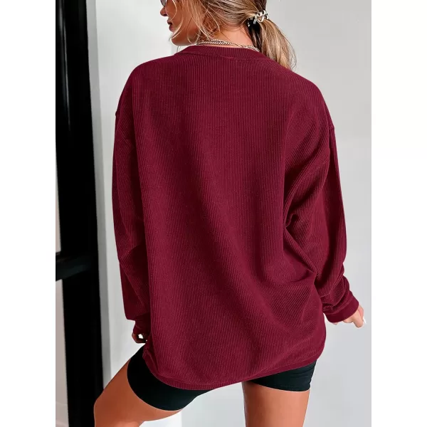PRETTYGARDEN Womens Fall Oversized Sweatshirt Ribbed Corduroy Crewneck Long Sleeve Loose Fit Casual Going Out Pullover TopsWine Red