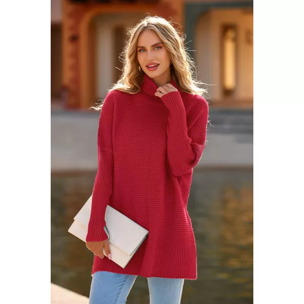 PRETTYGARDEN Womens Fall Oversized Turtleneck Sweater Casual Long Sleeve Chunky Knit Pullover Winter Tops BlouseRed