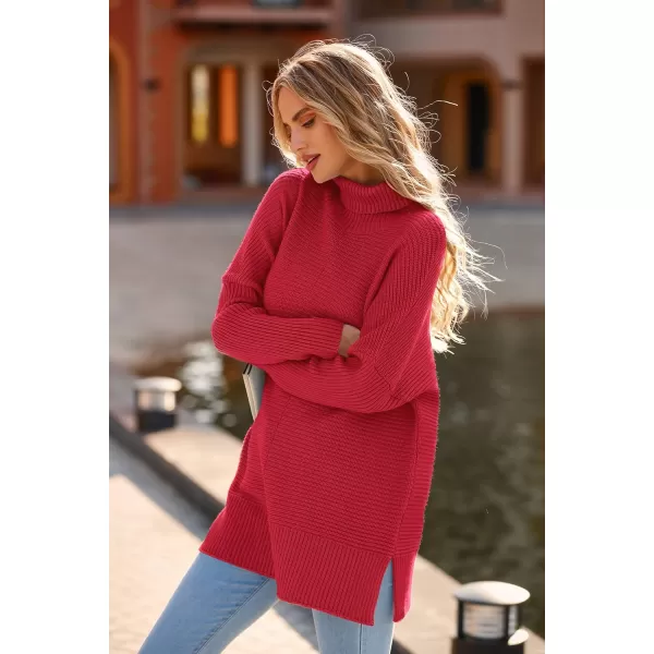 PRETTYGARDEN Womens Fall Oversized Turtleneck Sweater Casual Long Sleeve Chunky Knit Pullover Winter Tops BlouseRed