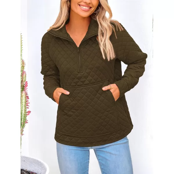 PRETTYGARDEN Womens Fall Quilted Sweatshirt Casual Quarter Zip Collared Long Sleeve V Neck Pullover TopsArmy Green