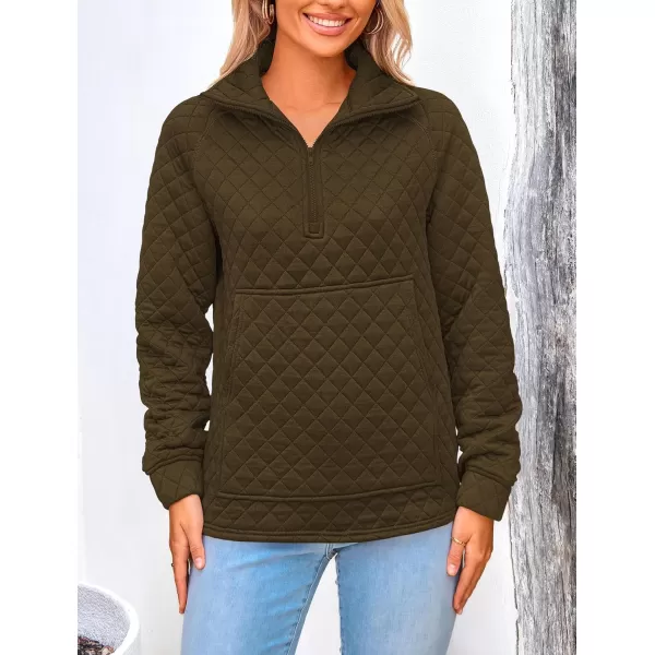 PRETTYGARDEN Womens Fall Quilted Sweatshirt Casual Quarter Zip Collared Long Sleeve V Neck Pullover TopsArmy Green