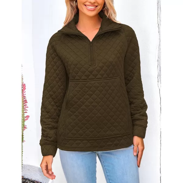 PRETTYGARDEN Womens Fall Quilted Sweatshirt Casual Quarter Zip Collared Long Sleeve V Neck Pullover TopsArmy Green