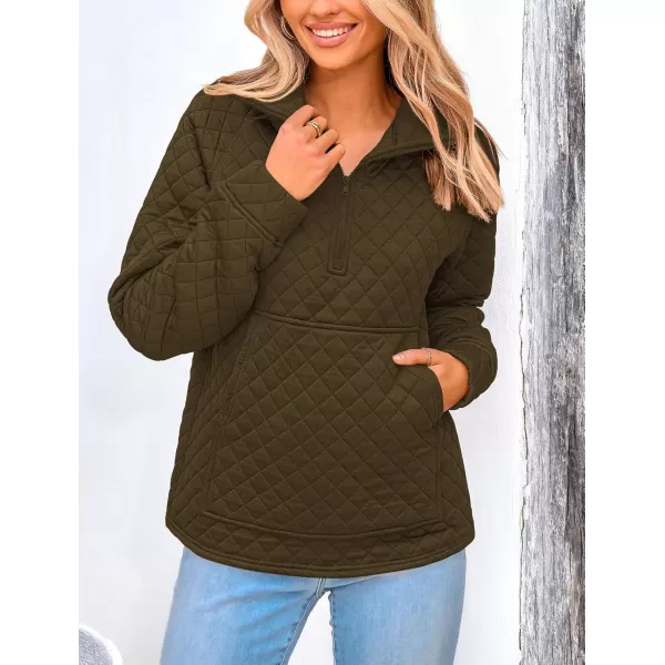 PRETTYGARDEN Womens Fall Quilted Sweatshirt Casual Quarter Zip Collared Long Sleeve V Neck Pullover TopsArmy Green